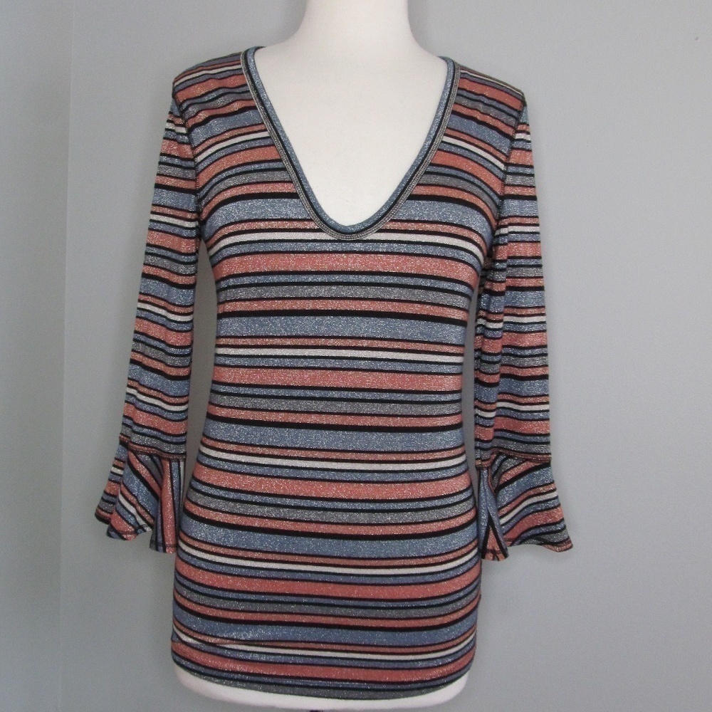 Y2K FREE PEOPLE Multicolor Striped Peplum Sleeve Top Blouse